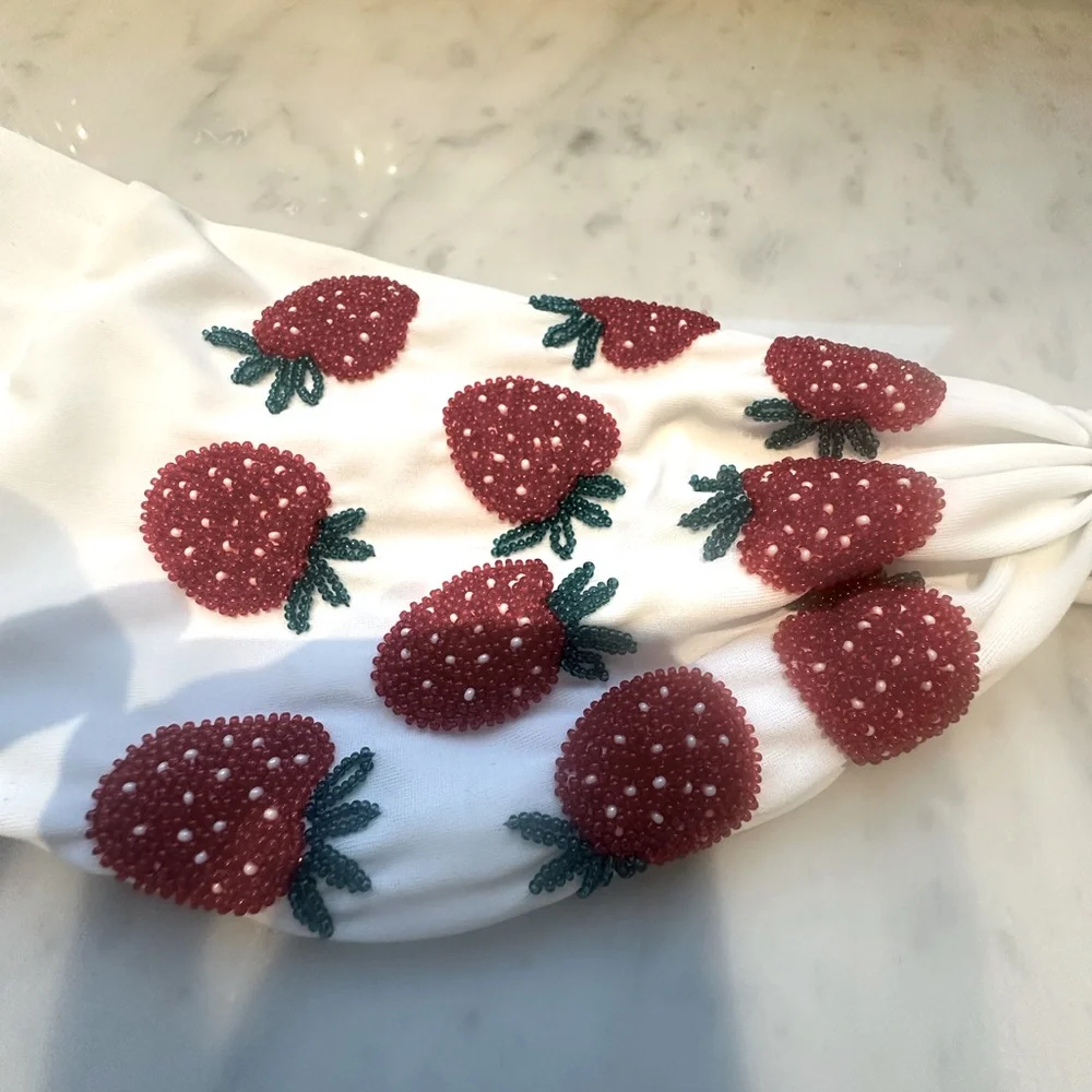 Oceanus Strawberry Print White Bandeau Bikini Top & Bottom Set
